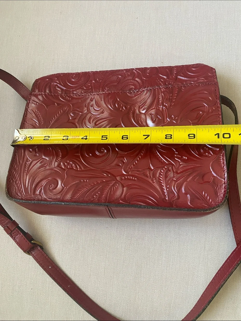 Patricia Nash Vallata Tooled Leather Crossbody Bag Ruby Red Floral 10x8x4